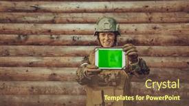  Presentation with camp - PPT theme having woman-soldier-using-tablet-computer background and a tawny brown colored foreground