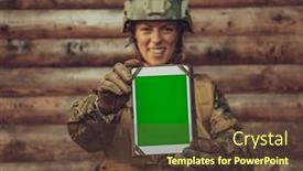  Presentation with camp - PPT layouts consisting of woman-soldier-using-tablet-computer background and a tawny brown colored foreground