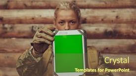  Presentation with camp - Presentation theme enhanced with woman-soldier-using-tablet-computer background and a tawny brown colored foreground