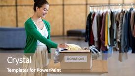  Presentation with donation - Beautiful presentation theme featuring woman sorting clothes from donation backdrop and a coral colored foreground
