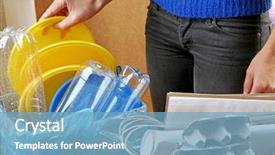  Presentation with plastic waste - PPT theme featuring woman sorting waste close-up background and a teal colored foreground