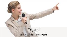  Presentation with microphone - Presentation theme featuring woman speaking - businesswoman with microphone indicating something background and a light gray colored foreground