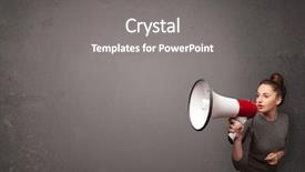  Presentation with copy space leadership - Audience pleasing PPT theme consisting of woman speaking - pretty girl shouting into megaphone backdrop and a gray colored foreground