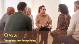  Presentation with speaking - PPT layouts enhanced with woman-speaking-at-support-group background and a tawny brown colored foreground