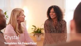  Presentation with community health - Beautiful PPT layouts featuring woman-speaking-at-support-group backdrop and a coral colored foreground