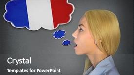  Presentation with speaking - Beautiful PPT theme featuring woman speaking french in bubble backdrop and a gray colored foreground