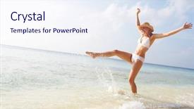  Presentation with splashing - Theme consisting of woman splashing in sea on beach holiday background and a sky blue colored foreground