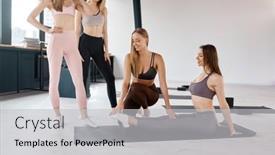  Presentation with sports coach - Slide set consisting of woman-sports-coach-helping-female background and a light gray colored foreground