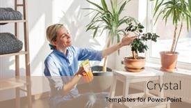  Presentation with home gardening - PPT theme with woman-spraying-houseplants-at-home background and a coral colored foreground