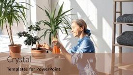  Presentation with home gardening - Presentation theme consisting of woman-spraying-houseplants-at-home background and a coral colored foreground