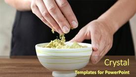  Presentation with hemp - Presentation design enhanced with woman sprinkling hemp protein powder indoors closeup background and a tawny brown colored foreground