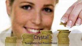  Presentation with save - Colorful presentation theme enhanced with woman stacking coins save money for the future backdrop and a gold colored foreground