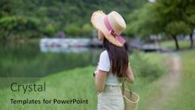  Presentation with scenery - Presentation design featuring woman-stand-beside-the-lake background and a seafoam green colored foreground