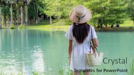  Presentation with lake front - PPT theme featuring woman-stand-in-front background and a mint green colored foreground