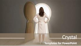  Presentation with dark grey - Presentation design enhanced with woman standing against keyhole background and a coral colored foreground