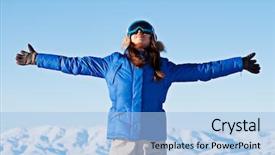  Presentation with sky blue - Cool new presentation with woman standing against snowy mountain backdrop and a  colored foreground