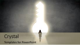  Presentation with keyhole - Colorful presentation theme enhanced with woman standing alone in front backdrop and a mint green colored foreground
