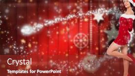  Presentation with upwards - Theme featuring woman standing and looking upwards against blurred christmas background background and a tawny brown colored foreground