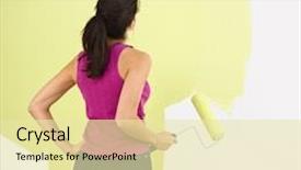  Presentation with paint roller - Cool new theme with woman standing and looking at partially painted wall holding paint roller backdrop and a blonde colored foreground