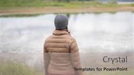  Presentation with water river - Presentation theme enhanced with woman-standing-at-river-bank background and a light gray colored foreground