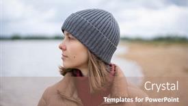  Presentation with bank - Presentation consisting of woman-standing-at-river-bank background and a coral colored foreground