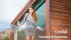  Presentation with railing - Colorful PPT theme enhanced with woman standing by glass railing backdrop and a coral colored foreground