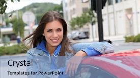  Presentation with race car a red racing - Audience pleasing presentation theme consisting of woman standing by red car backdrop and a light blue colored foreground