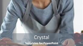  Presentation with cooking equipment kitchen utensils - Slide deck having woman-standing-by-the-stove background and a gray colored foreground