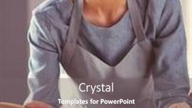  Presentation with cooking equipment kitchen utensils - PPT layouts having woman-standing-by-the-stove background and a gray colored foreground