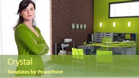  Presentation with green office - PPT layouts having woman standing in an office background and a tawny brown colored foreground
