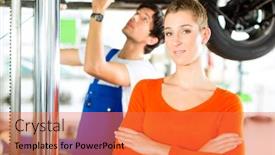  Presentation with hoist - PPT theme consisting of woman standing in front of her car which is lifted on an auto hoist a mechanic doing a repair underneath the auto background and a red colored foreground
