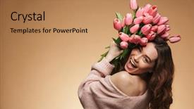  Presentation with tulips - PPT layouts featuring woman standing isolated holding tulip background and a coral colored foreground