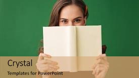  Presentation with book - Colorful slides enhanced with woman standing isolated over green backdrop and a  colored foreground