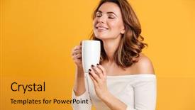  Presentation with beautiful young woman getting face - Amazing presentation theme having woman standing isolated over yellow backdrop and a gold colored foreground