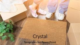  Presentation with home - PPT theme having woman standing near home background and a coral colored foreground