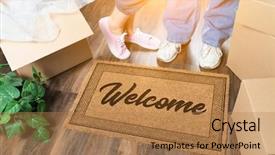  Presentation with welcome - Amazing PPT theme having woman standing near welcome backdrop and a coral colored foreground