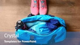  Presentation with physical fitness - PPT layouts with physical design - woman standing next to bag background and a teal colored foreground
