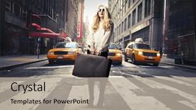  Presentation with suitcase - Colorful PPT layouts enhanced with way cross - beautiful woman standing backdrop and a mint green colored foreground