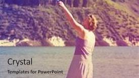  Presentation with done - Amazing PPT theme having woman standing on a dock with balloons done with a retro vintage instagram filter backdrop and a soft green colored foreground