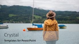  Presentation with foggy - Amazing slide deck having woman-standing-on-edge backdrop and a light gray colored foreground