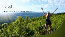  Presentation with mountain top - Beautiful PPT theme featuring woman-standing-on-rock-tourist backdrop and a cool aqua colored foreground