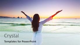  Presentation with sail - Audience pleasing presentation theme consisting of woman-standing-on-tropical-sea backdrop and a lemonade colored foreground