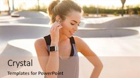  Presentation with listening woman - Amazing presentation design having woman standing outdoors listening music backdrop and a  colored foreground