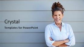  Presentation with clapboard - Colorful slides enhanced with woman standing outside grey clapboard backdrop and a light blue colored foreground