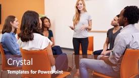  Presentation with men health - PPT layouts with woman-standing-to-address-group background and a tawny brown colored foreground