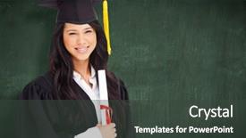  Presentation with graduation - Audience pleasing slide set consisting of woman standing to the side slightly with her degree and dressed in her graduation robe against green chalkboard backdrop and a dark gray colored foreground