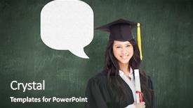  Presentation with green chalkboard - Slides having woman standing to the side slightly with her degree and dressed in her graduation robe against green chalkboard background and a dark gray colored foreground