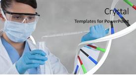  Presentation with dna - Colorful presentation theme enhanced with woman standing with 3d dna backdrop and a light gray colored foreground