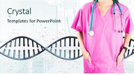  Presentation with genes and dna - Slide deck with woman standing with 3d dna background and a sky blue colored foreground