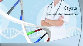  Presentation with concept of biochemistry dna - Theme with woman standing with dna strands background and a sky blue colored foreground